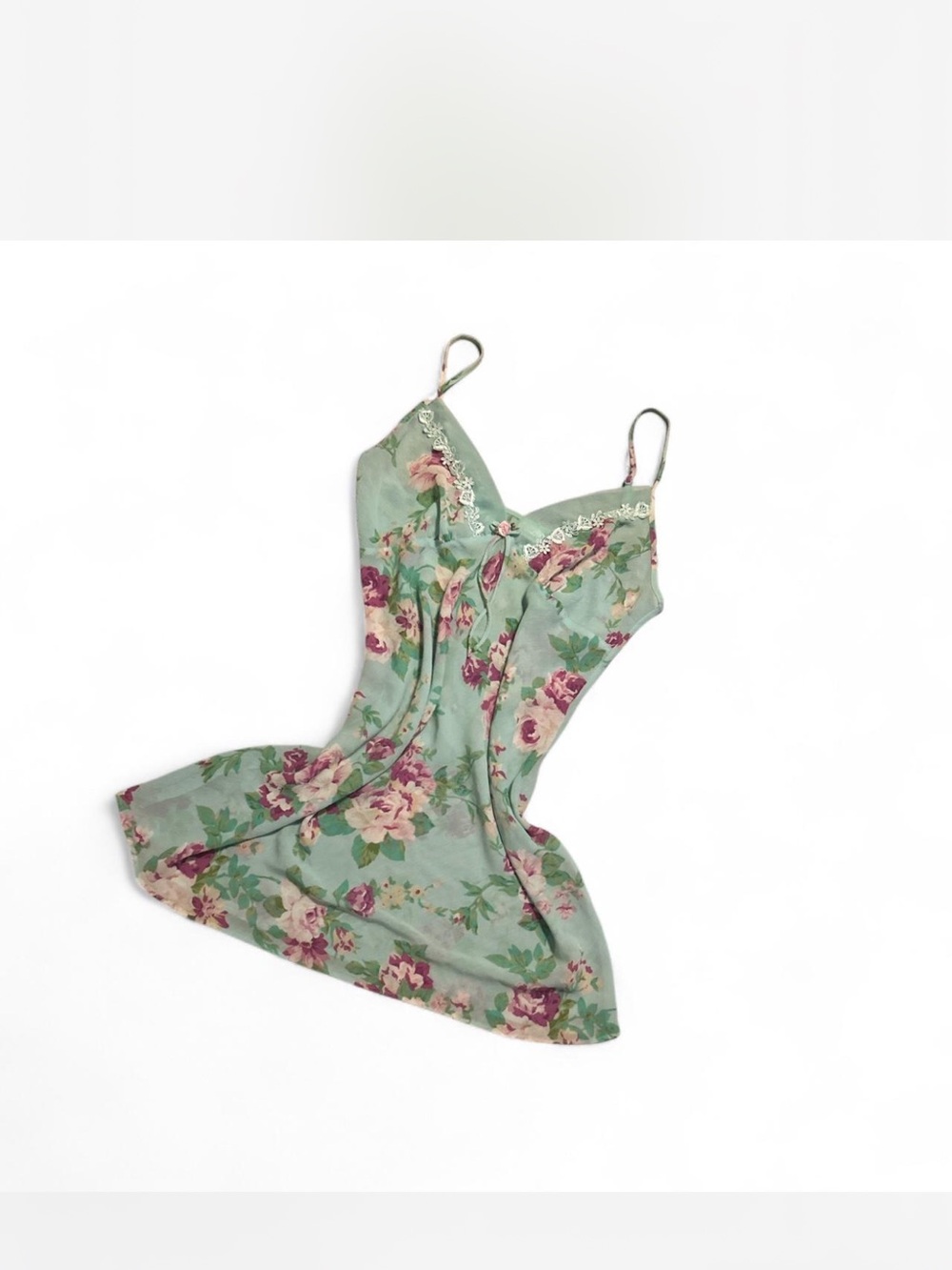 Floral Lace Trim Slip Dress - Sage Green